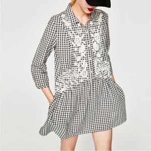 Zara Checkered and Floral Embroidery Mini Dress